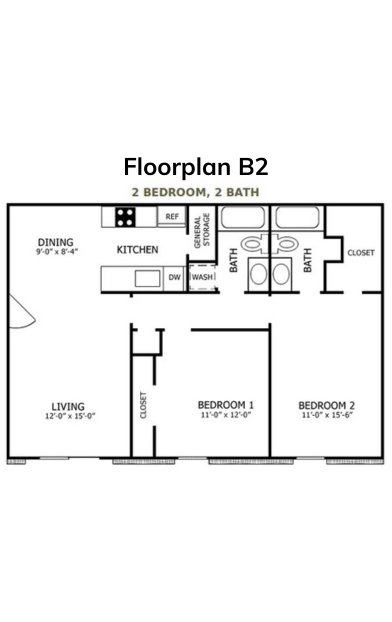 Floor plan for 2 beds, 825 sqft